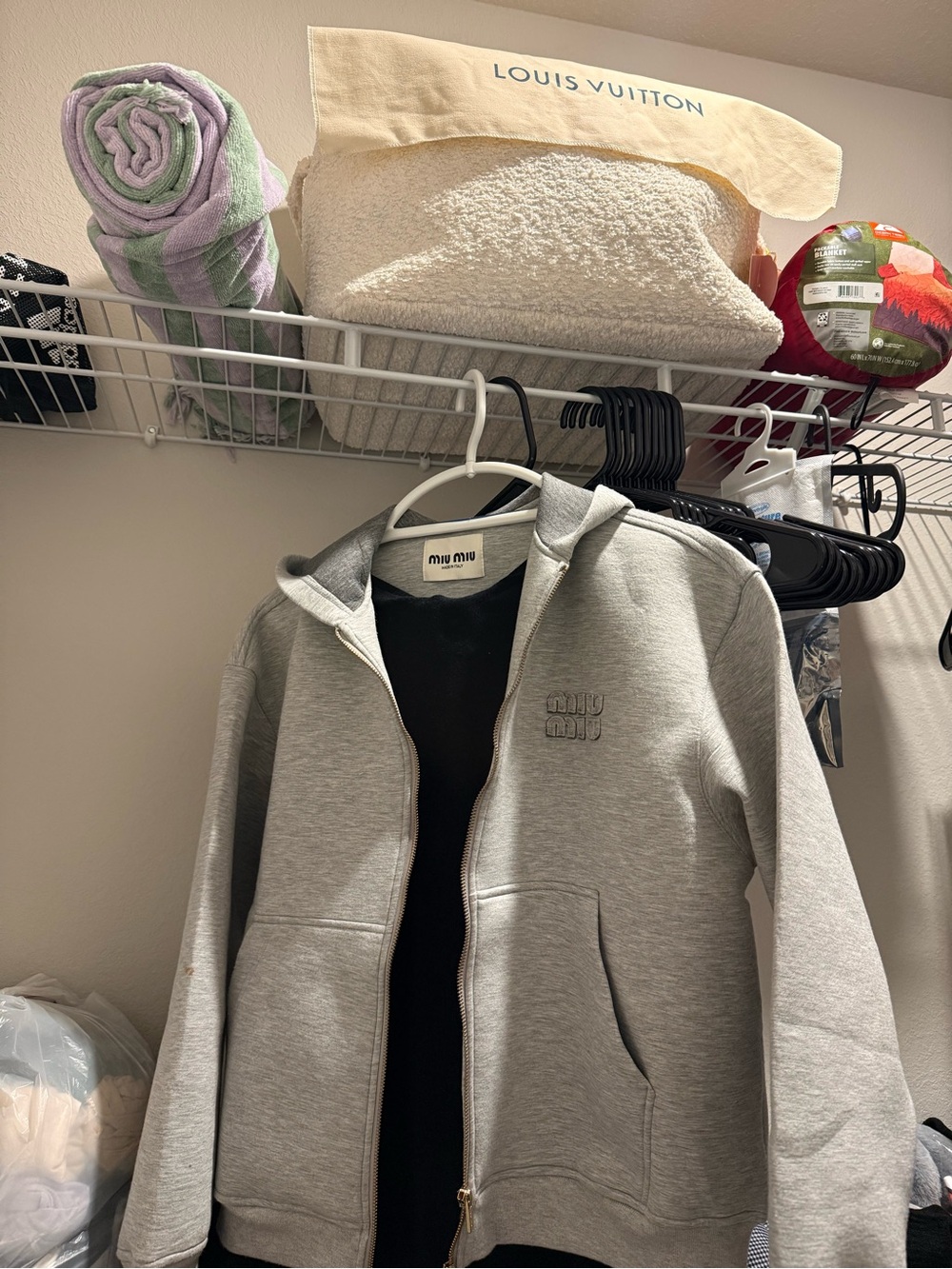 Miu Miu Heather Gray Zip Hoodie with Embossed Logo
